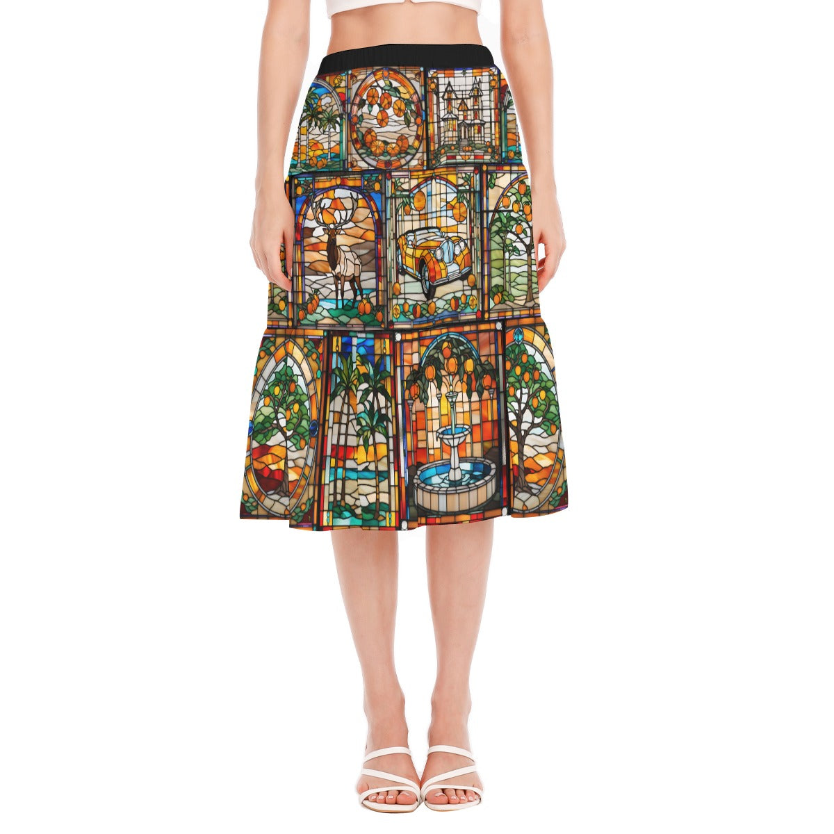 Elk Lodge Inspired Stained Glass Women's Stitched Pleated Chiffon Skirt