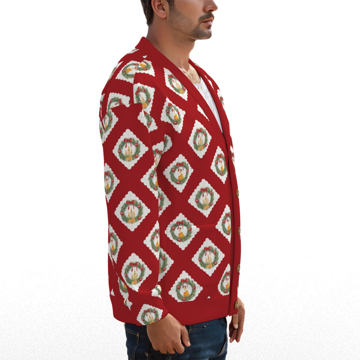 Old Towne Wreaths V-neck Knitted Fleece Cardigan With Button Closure in Red