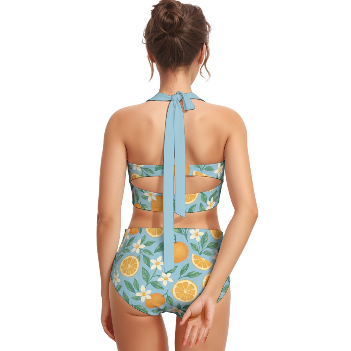 Playful Orange Blossoms Women's Swimsuit Set With Halter