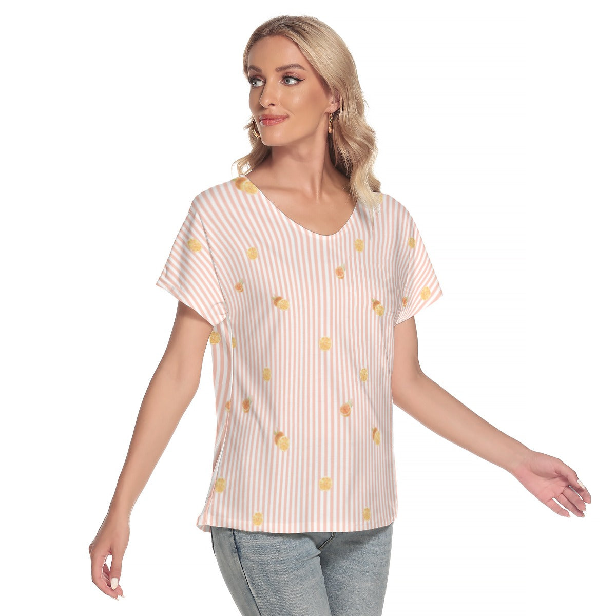Light Pink Oranges Casual Women's Loose V-neck Short Sleeve T-shirt