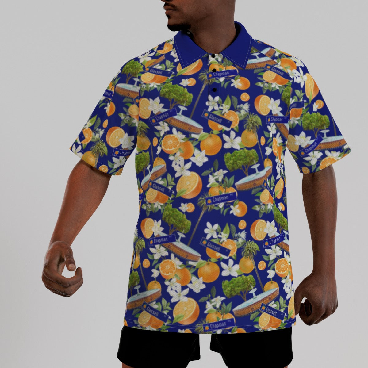 Men's Old Towne Orange Hawaiian Short Sleeve Polo Shirt With Blue Collar