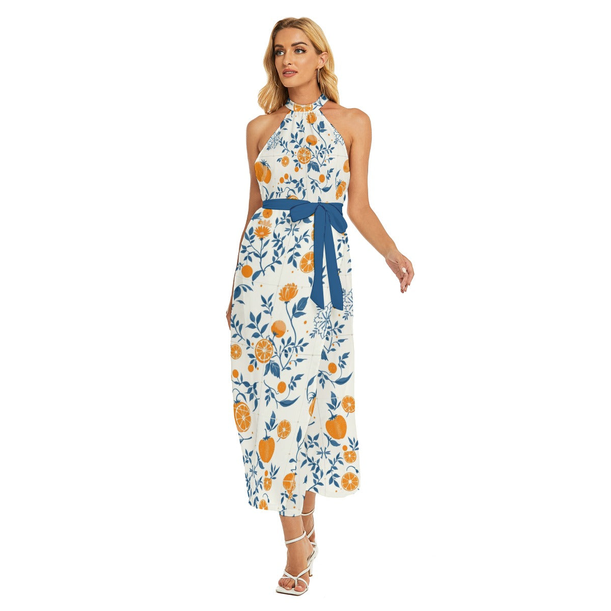 Orange.Sweet.Orange Women's Italian Tile Print Halter Dress, Breathable & Stylish