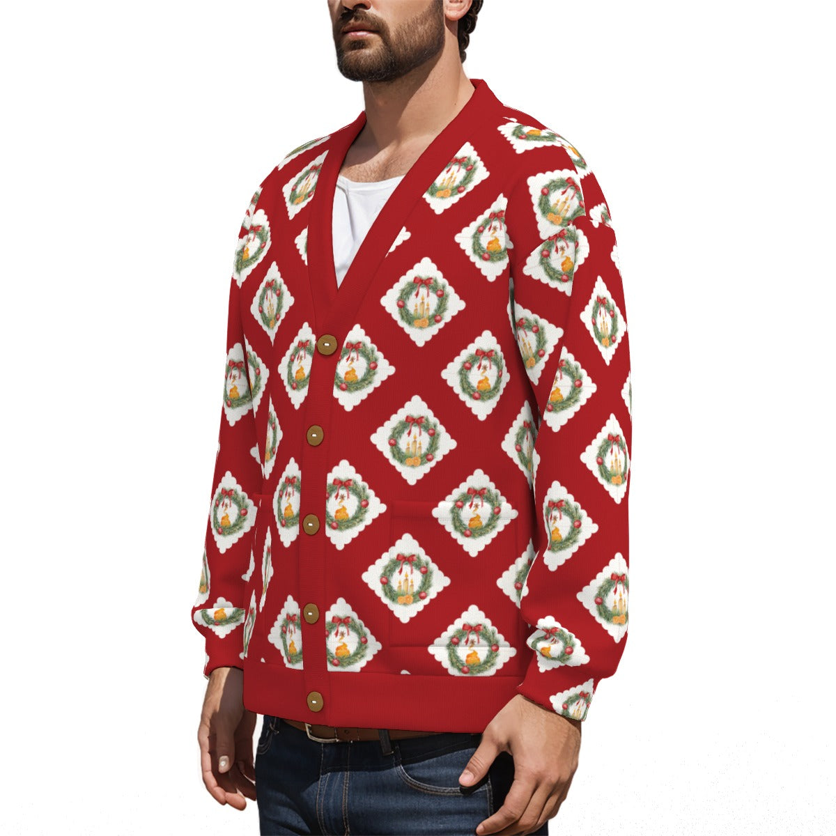 Old Towne Wreaths V-neck Knitted Fleece Cardigan With Button Closure in Red