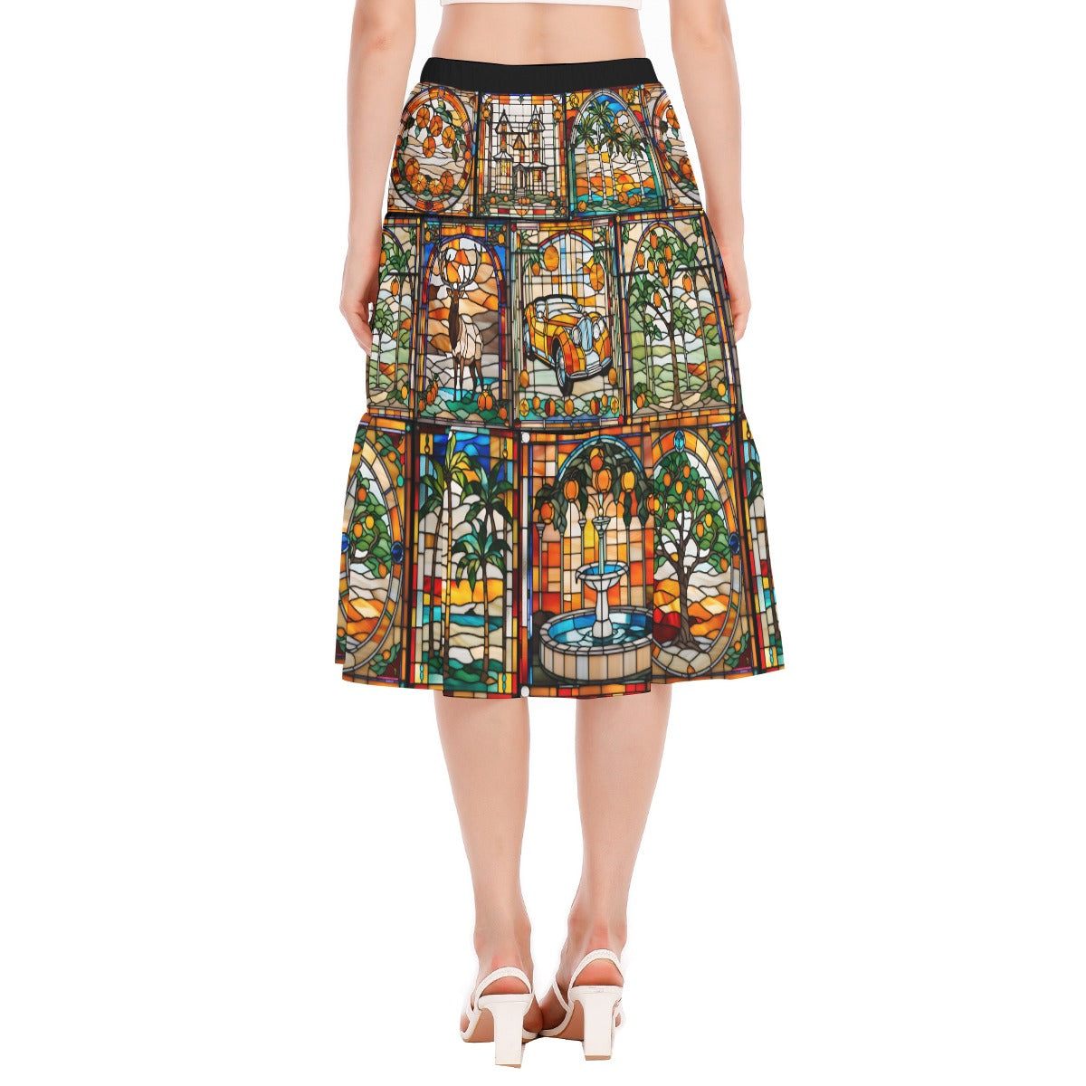 Elk Lodge Inspired Stained Glass Women's Stitched Pleated Chiffon Skirt