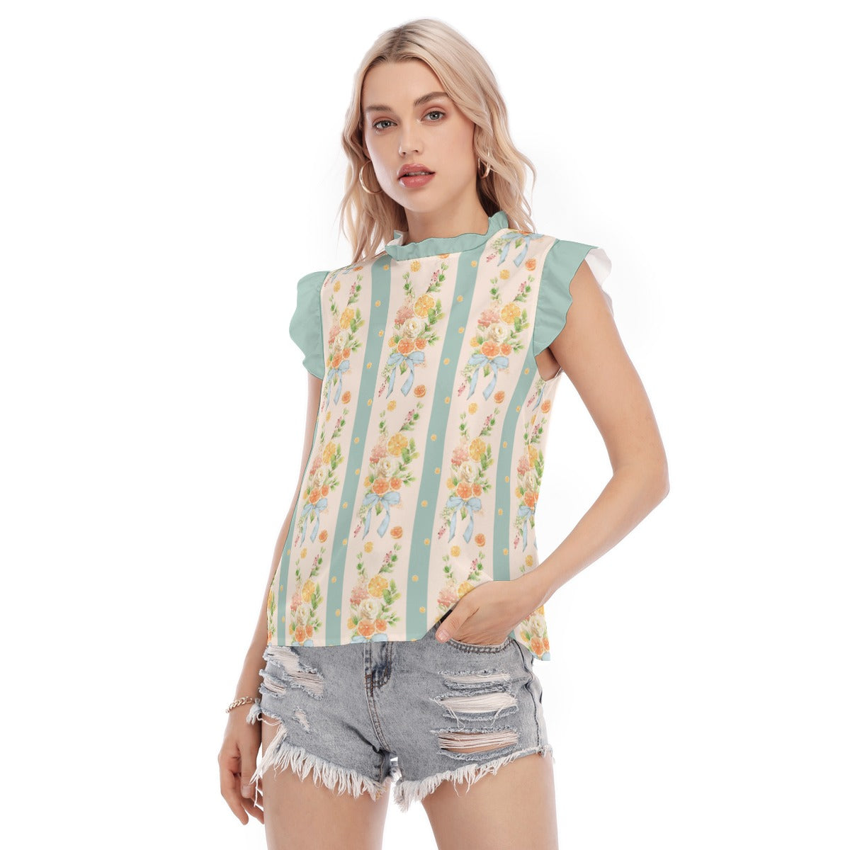 Cottage Oranges Women's Blouse With Ruffle Collar And Sleeve