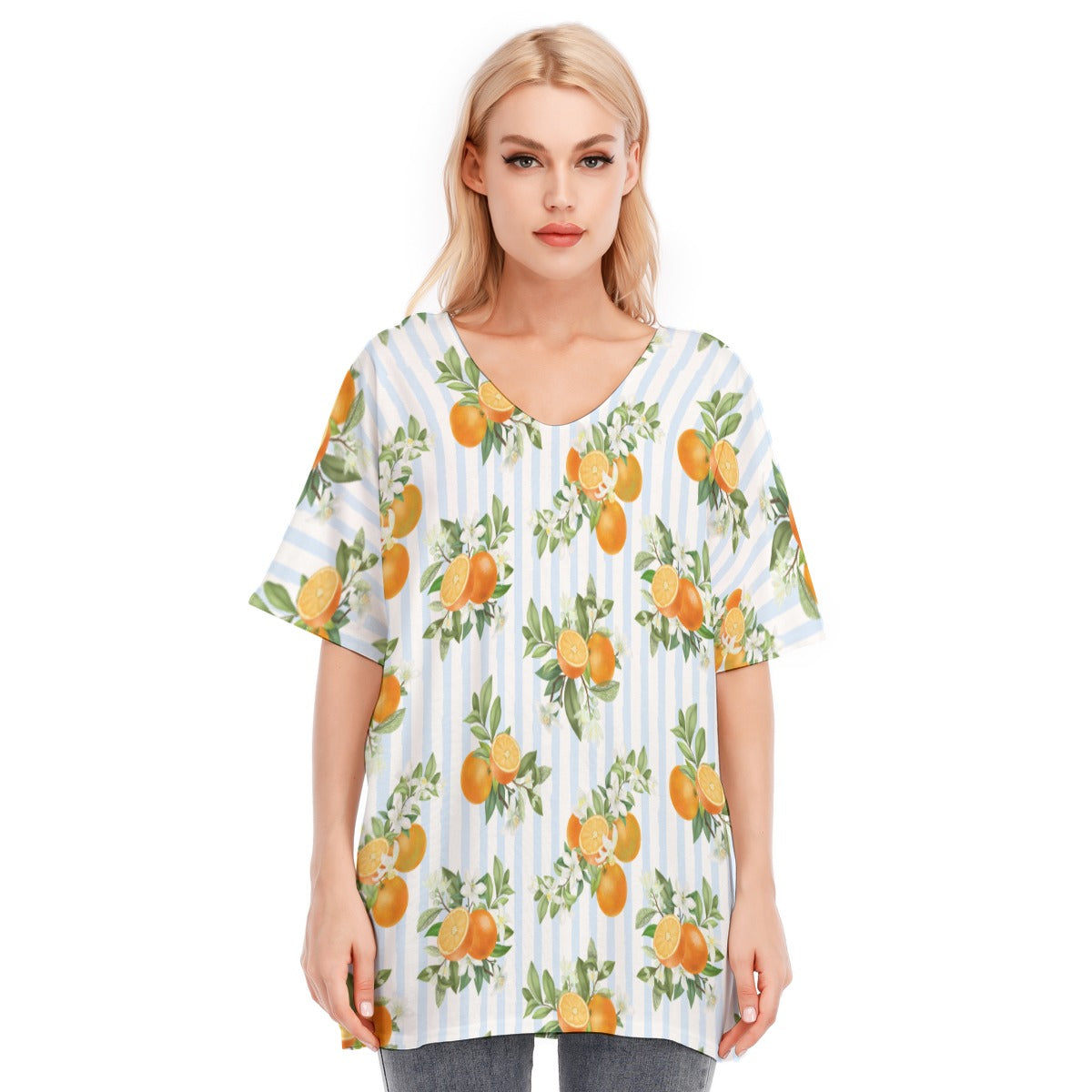 French Blue Citrus Stripes Woman's Flowy Sleeve Blouse 100% Cotton
