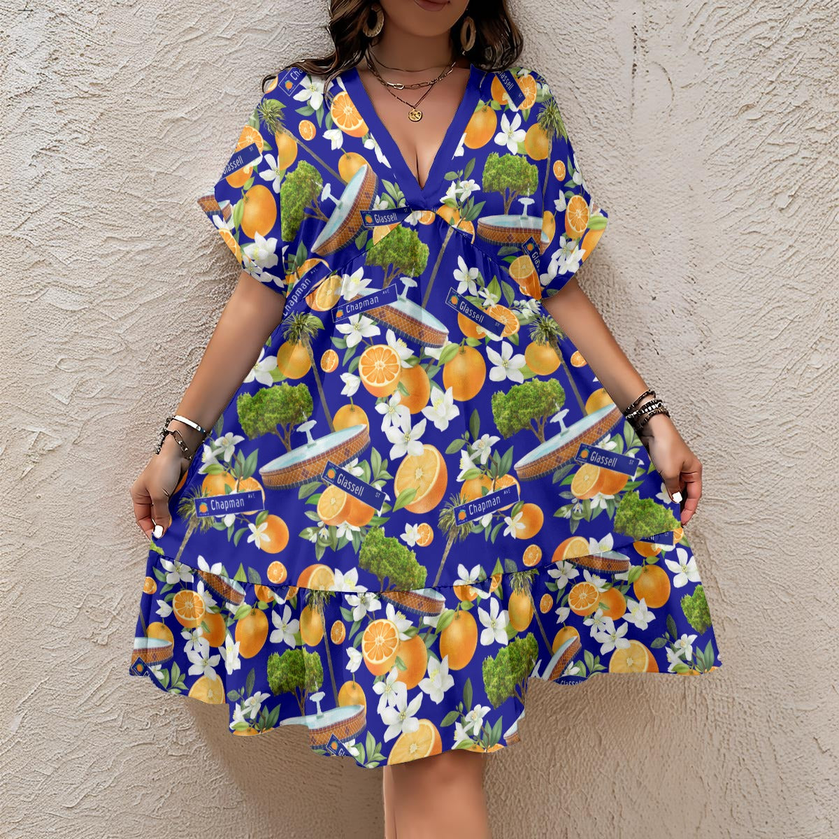 Old Towne Hawaiian Women’s Floral V-Neck Short Sleeve Dress in Blue