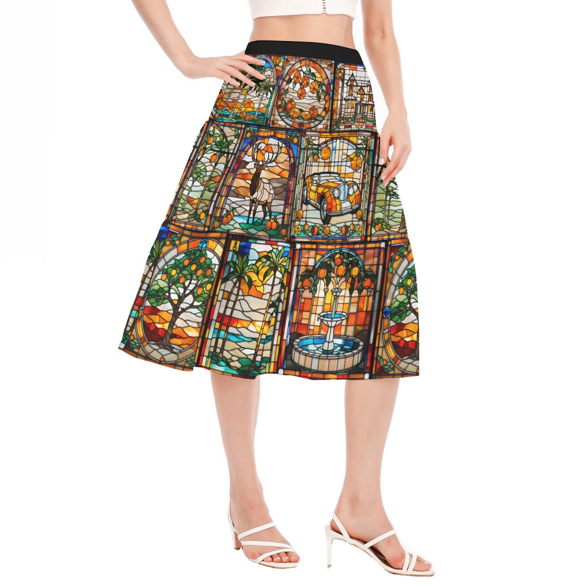 Elk Lodge Inspired Stained Glass Women's Stitched Pleated Chiffon Skirt