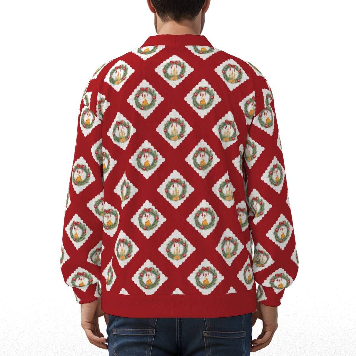 Old Towne Wreaths V-neck Knitted Fleece Cardigan With Button Closure in Red