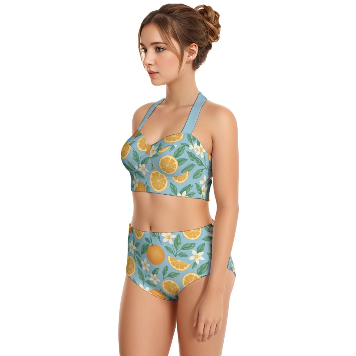 Playful Orange Blossoms Women's Swimsuit Set With Halter