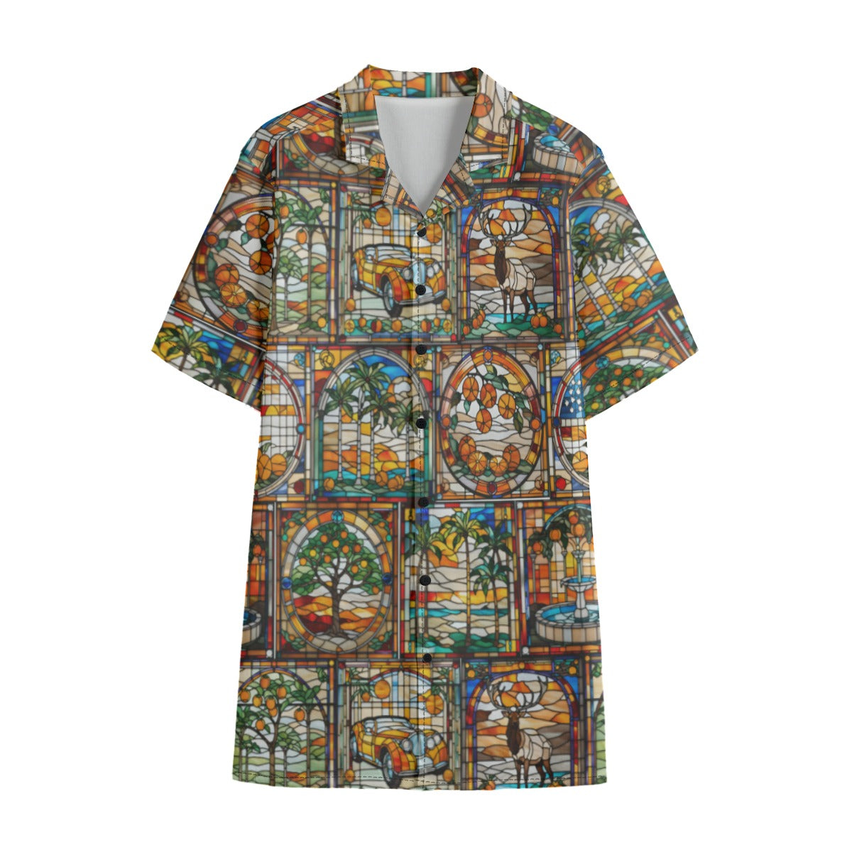 Orange Elks Stained Glass Men's Hawaiian Shirt With Button Closure |115GSM Cotton poplin