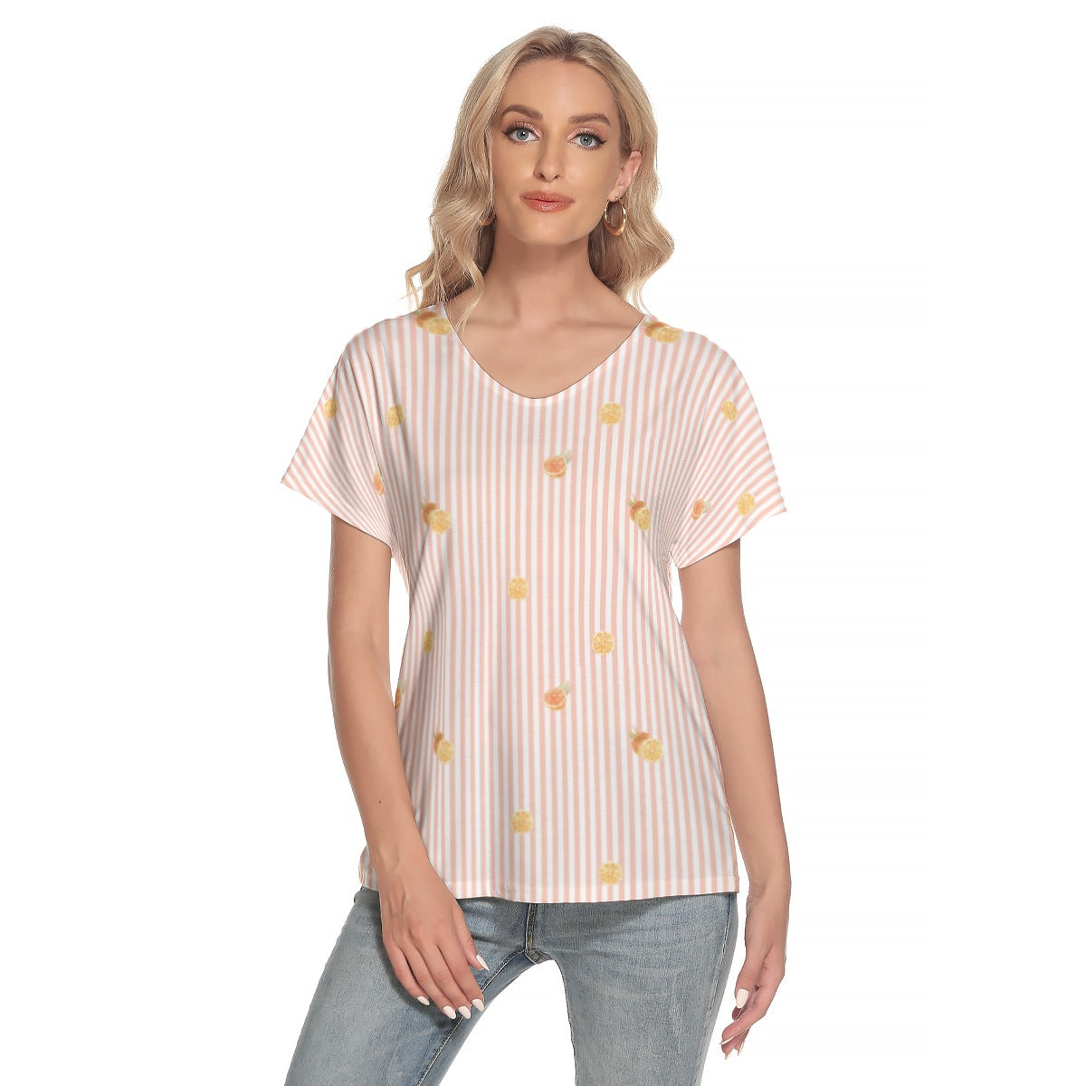 Light Pink Oranges Casual Women's Loose V-neck Short Sleeve T-shirt