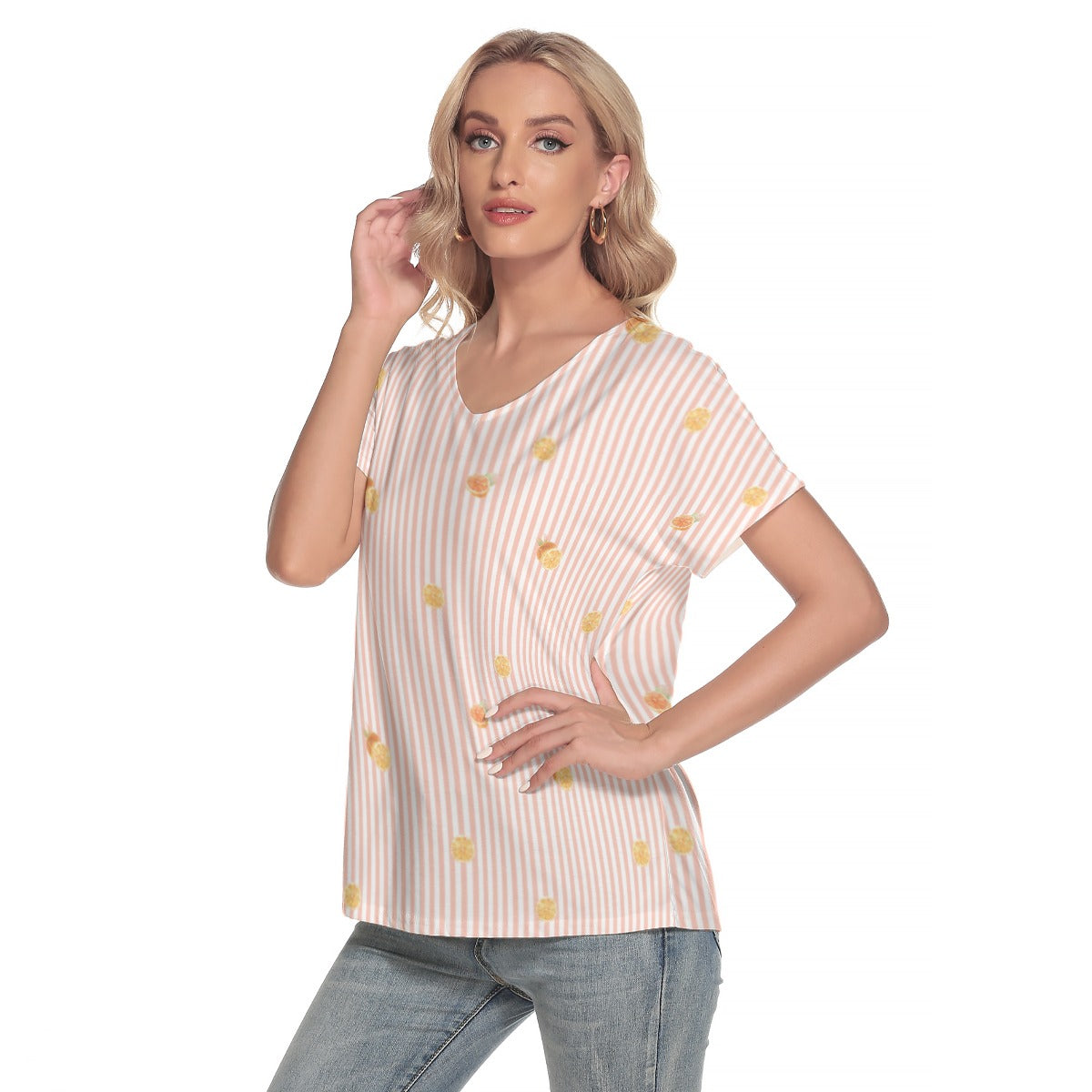 Light Pink Oranges Casual Women's Loose V-neck Short Sleeve T-shirt