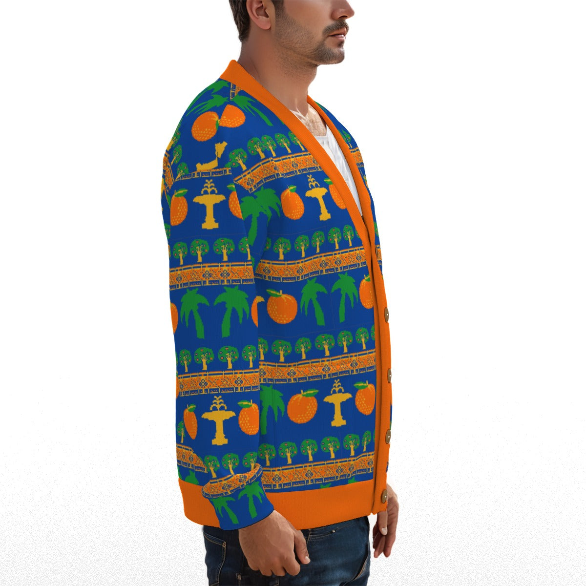Old Towne Orange "Ugly Christmas Sweater" - Knitted Fleece Cardigan With Button Closure