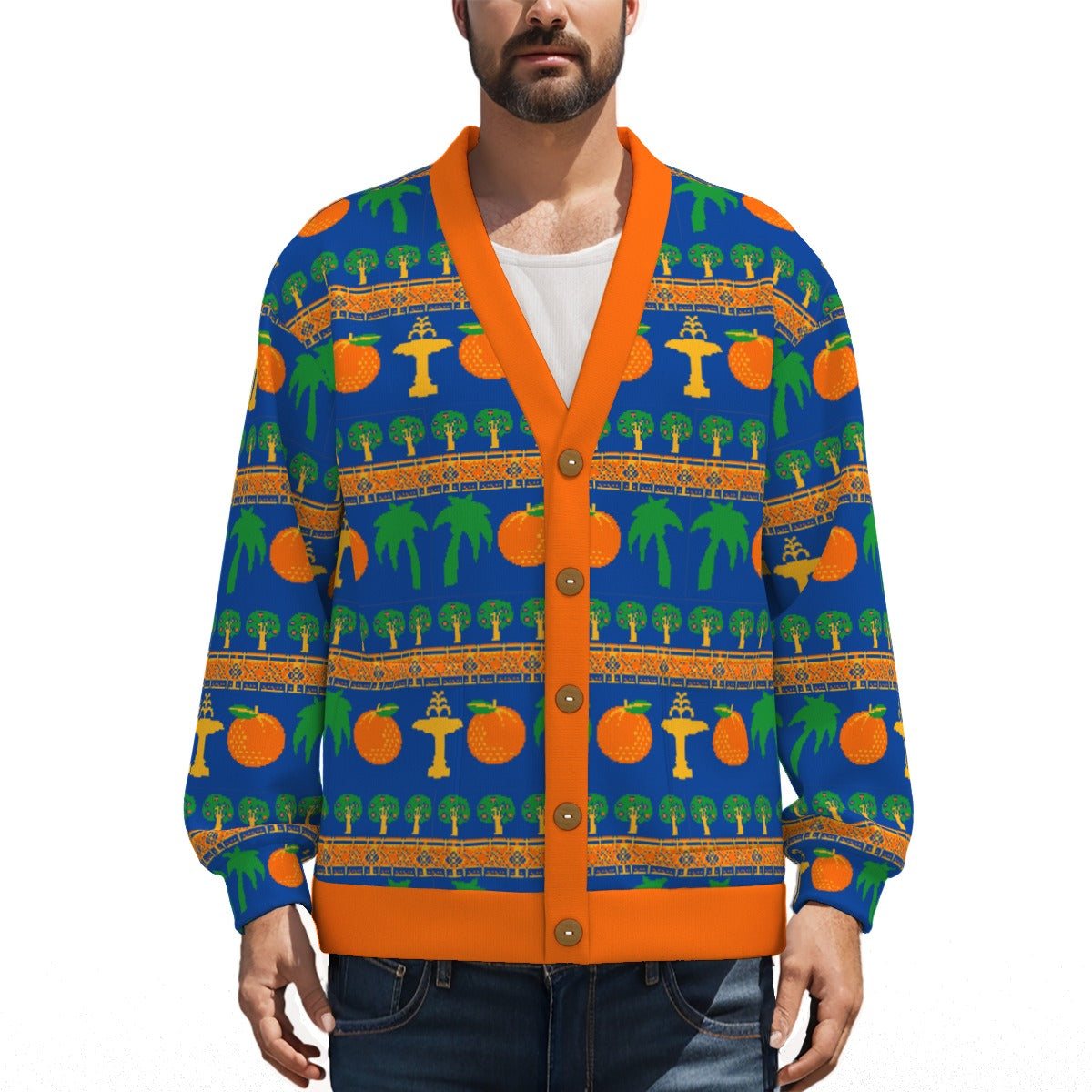 Old Towne Orange "Ugly Christmas Sweater" - Knitted Fleece Cardigan With Button Closure