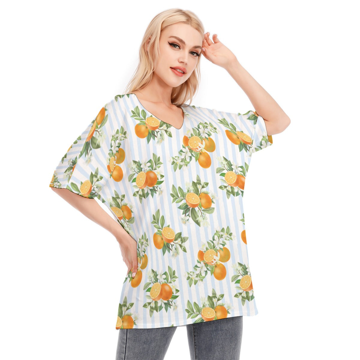 French Blue Citrus Stripes Woman's Flowy Sleeve Blouse 100% Cotton