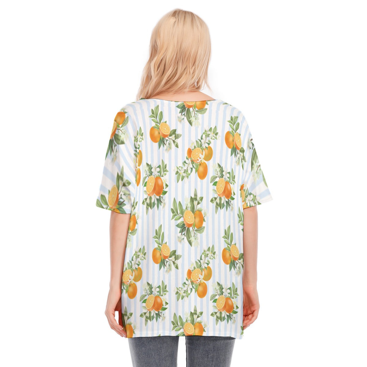 French Blue Citrus Stripes Woman's Flowy Sleeve Blouse 100% Cotton