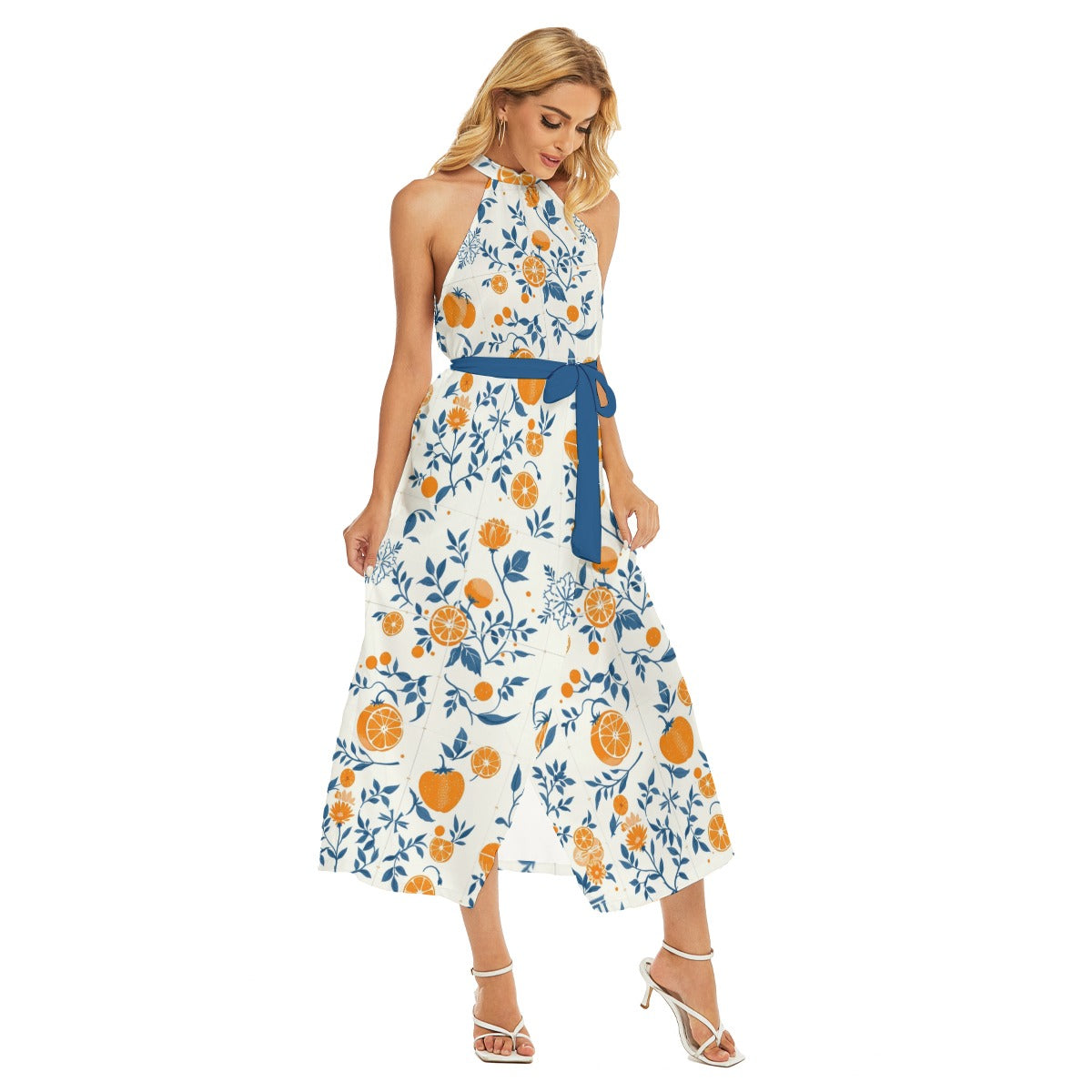 Orange.Sweet.Orange Women's Italian Tile Print Halter Dress, Breathable & Stylish