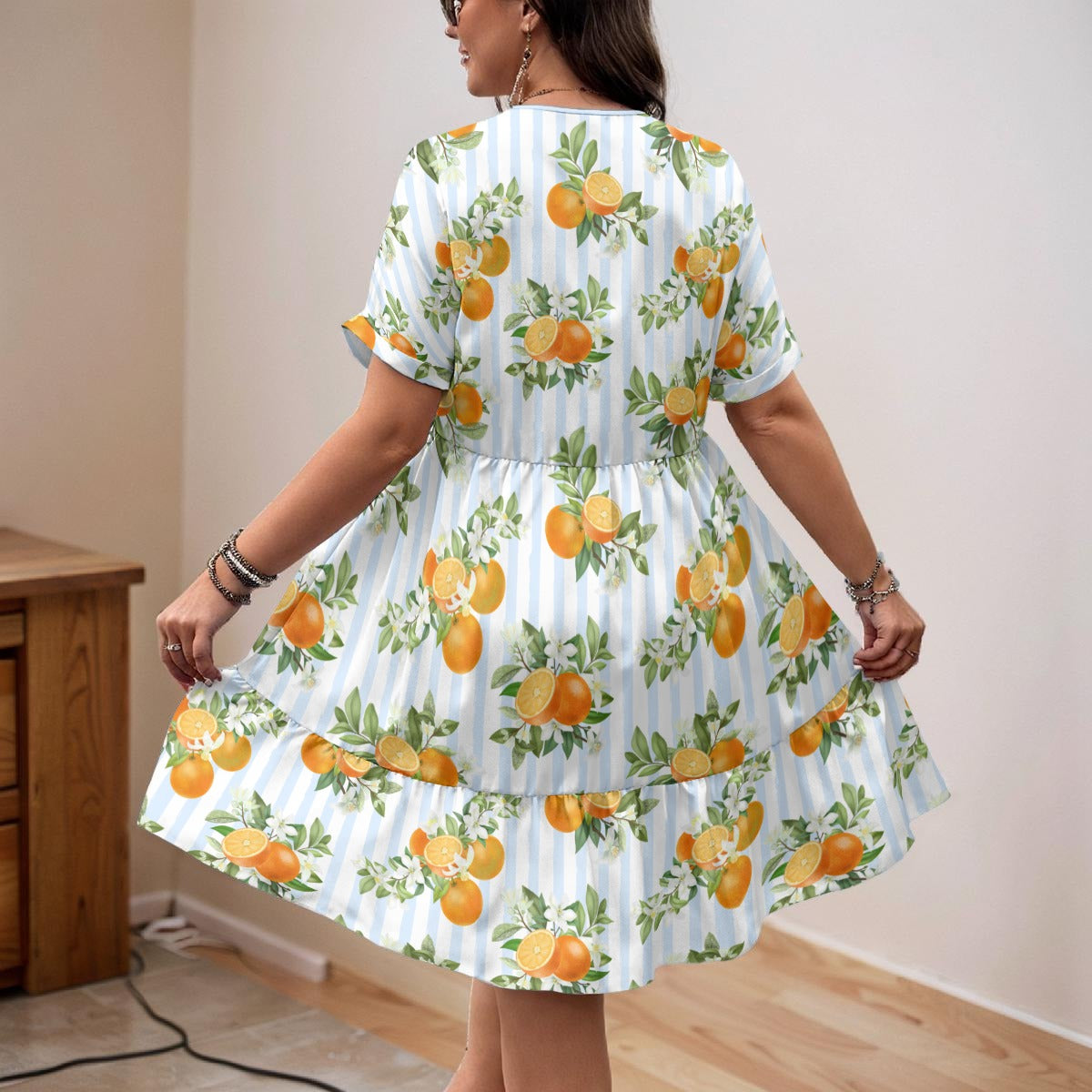 French Blue Citrus Women’s V-Neck Short Sleeve Dress
