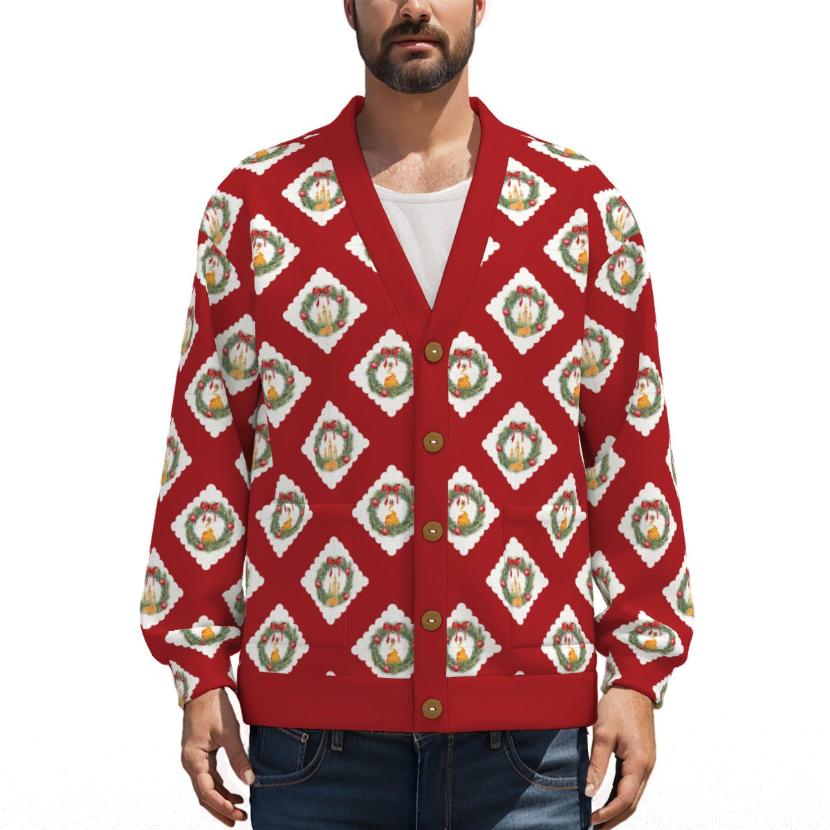 Old Towne Wreaths V-neck Knitted Fleece Cardigan With Button Closure in Red
