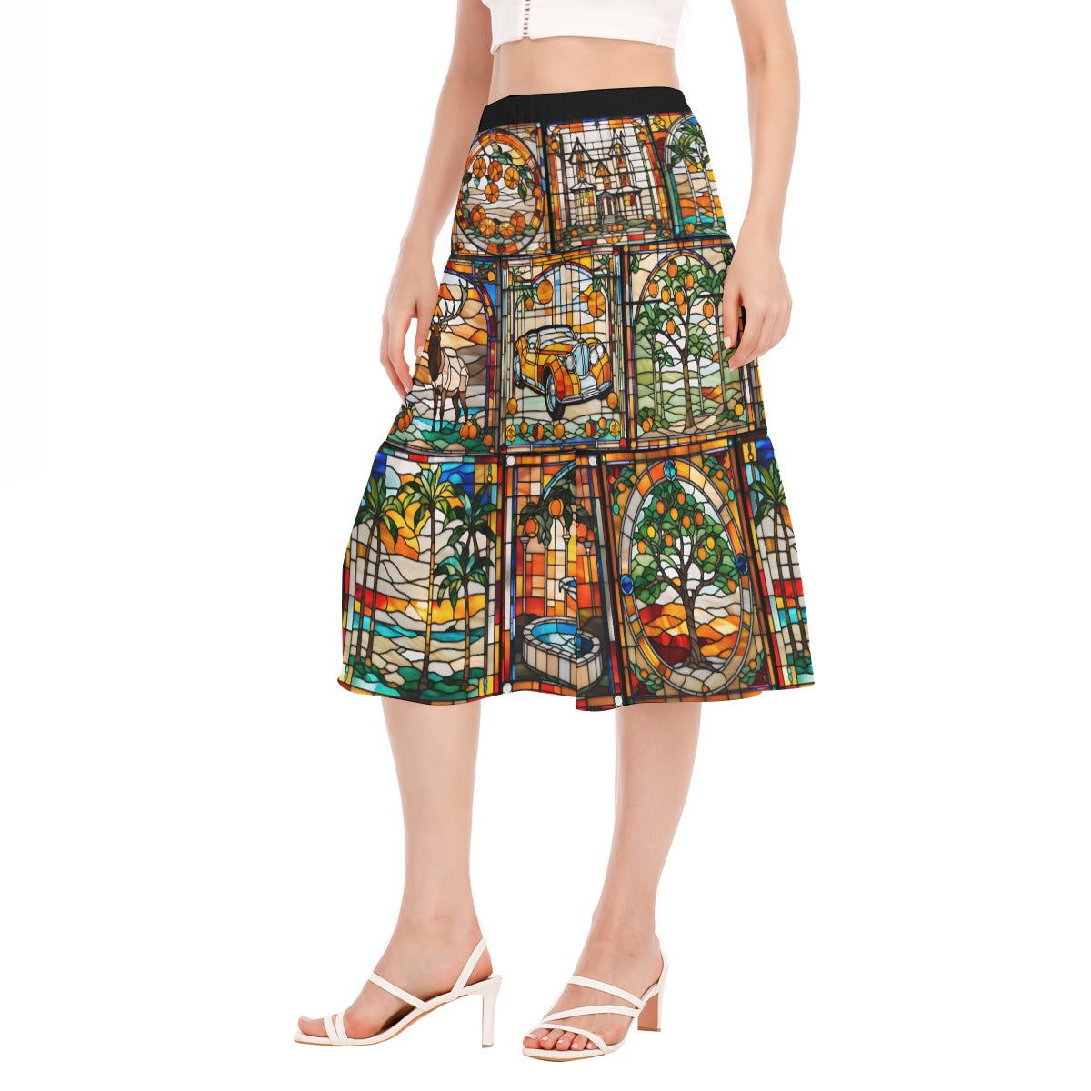 Elk Lodge Inspired Stained Glass Women's Stitched Pleated Chiffon Skirt