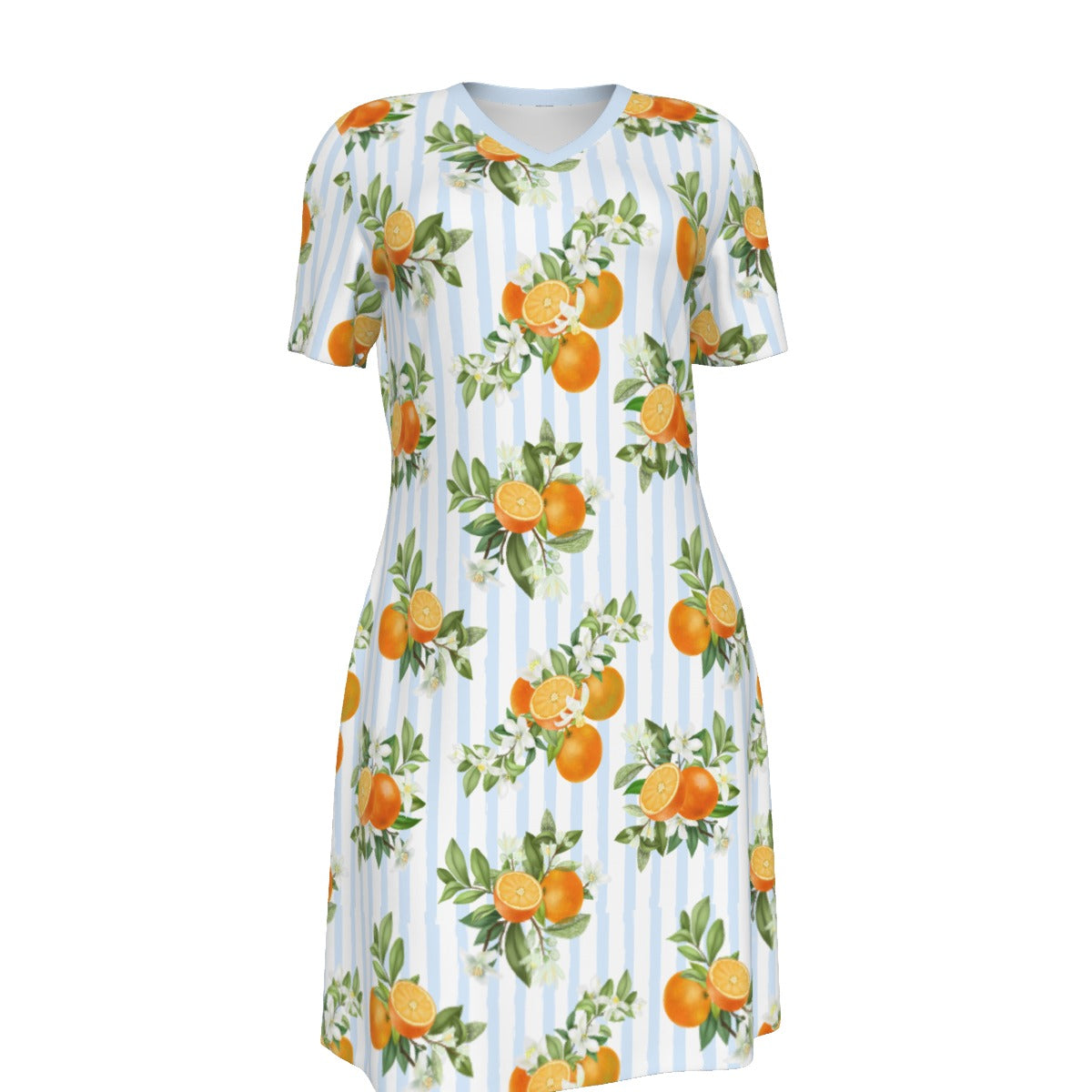 French Blue Citrus Women's V Neck Dress. 100% Cotton