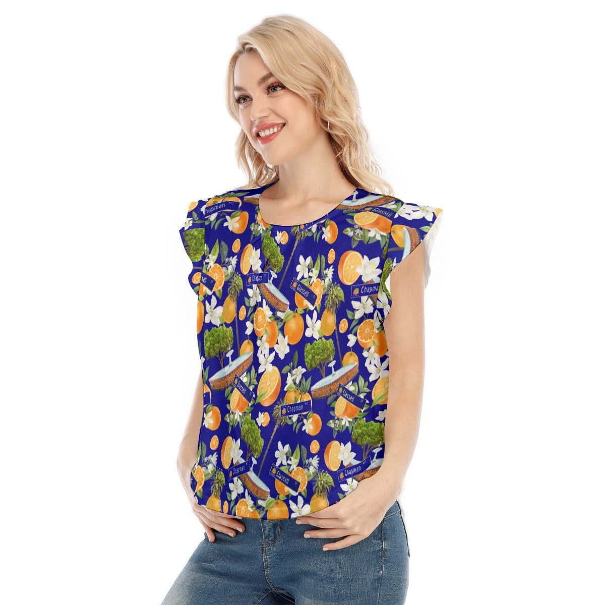 All-Over Print Women's O-neck T-shirt With Ruffle Sleeves