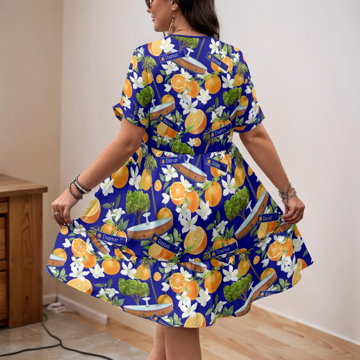 Old Towne Hawaiian Women’s Floral V-Neck Short Sleeve Dress in Blue