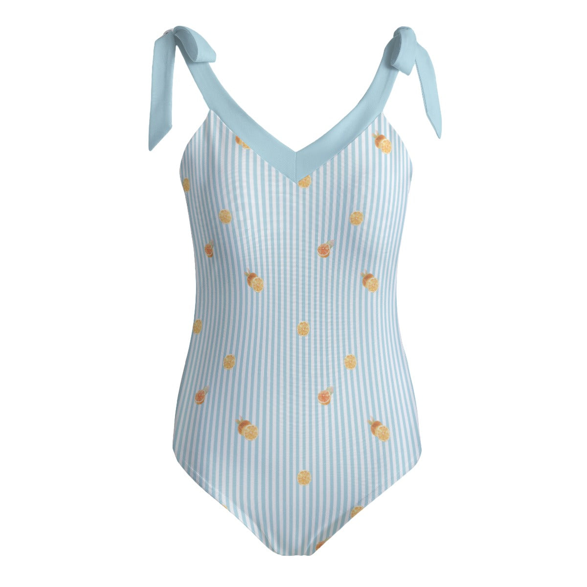 Orange Strip Women's Tie Shoulder Onepiece Padded Swimsuit - Light Blue