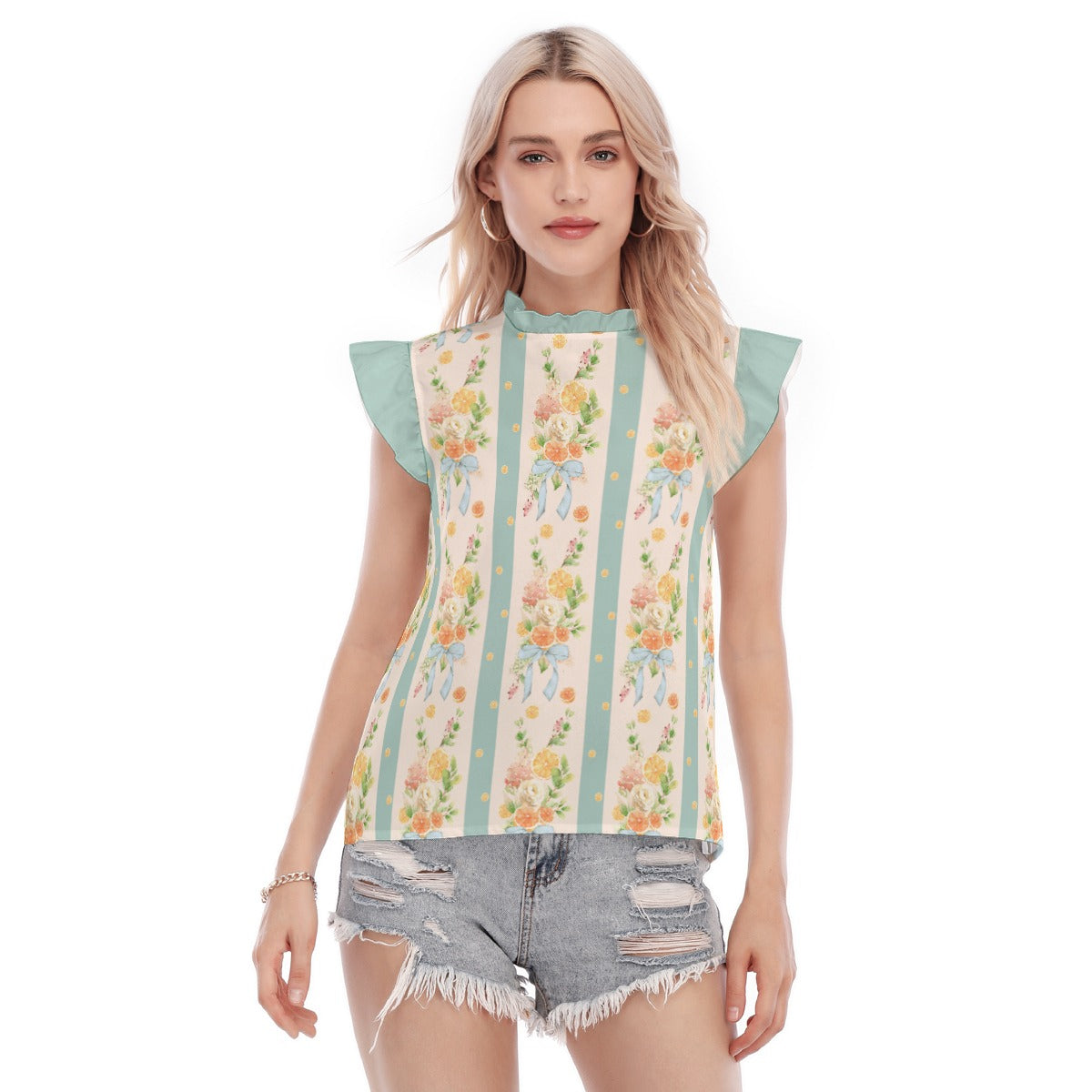 Cottage Oranges Women's Blouse With Ruffle Collar And Sleeve