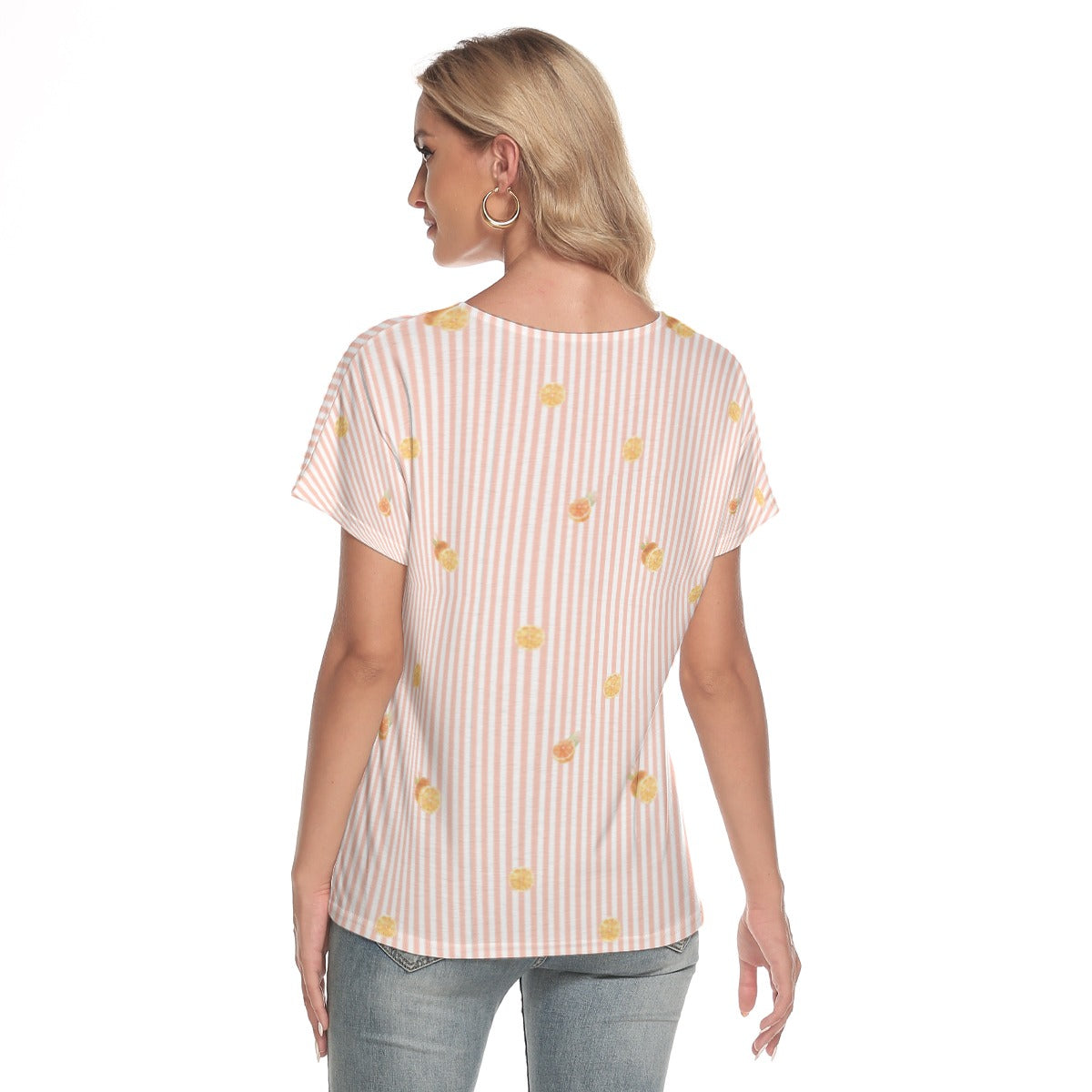 Light Pink Oranges Casual Women's Loose V-neck Short Sleeve T-shirt