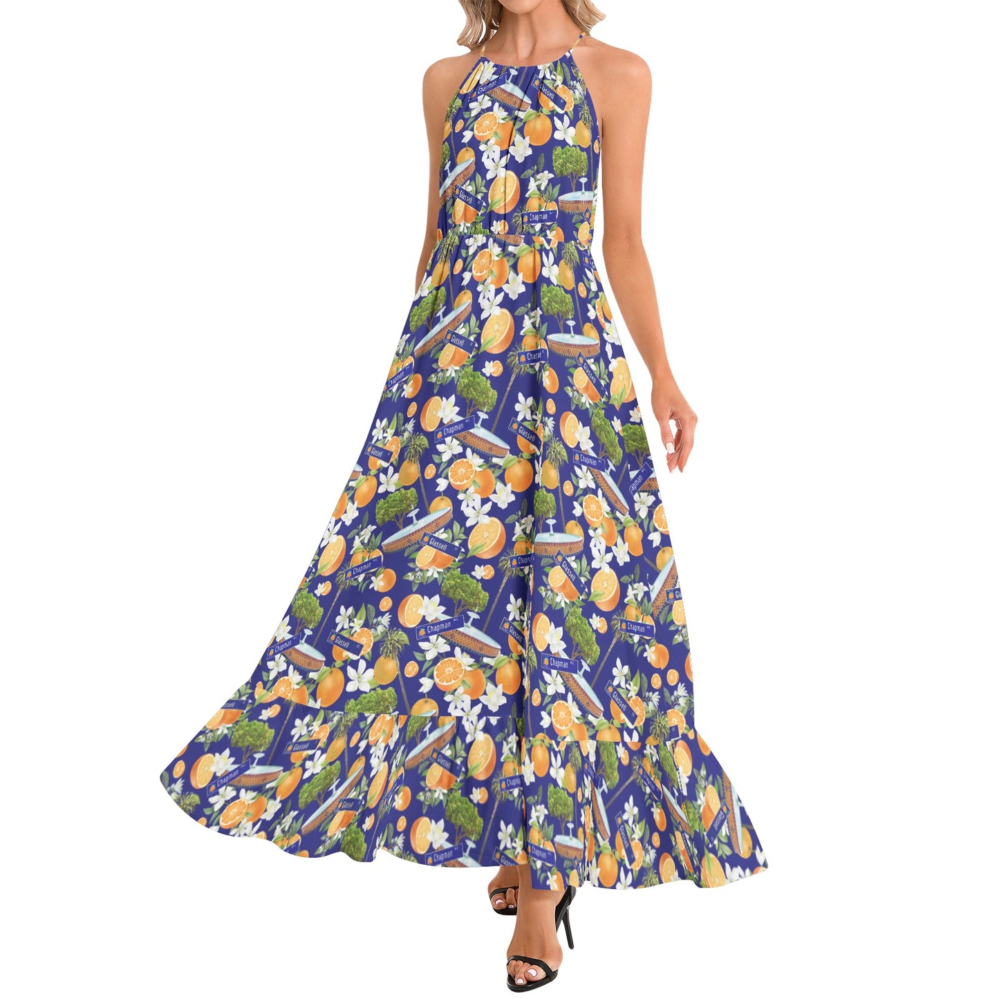 Old Towne Hawaiian Ruffle Hem Halter Neck Maxi Dress in Blue