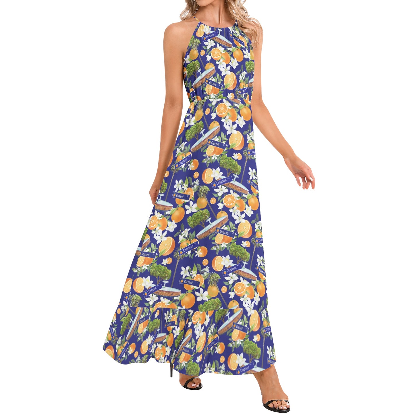 Old Towne Hawaiian Ruffle Hem Halter Neck Maxi Dress in Blue