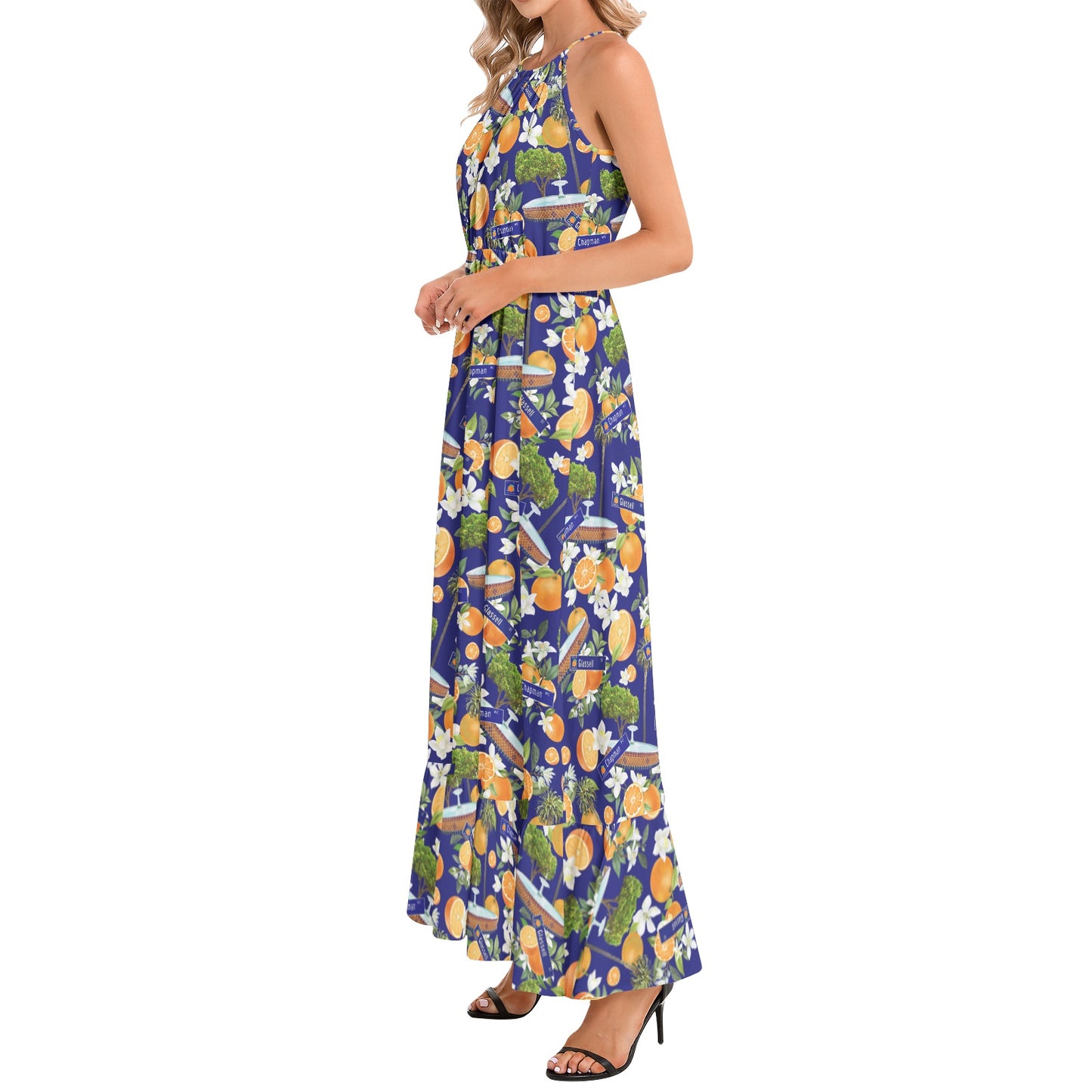 Old Towne Hawaiian Ruffle Hem Halter Neck Maxi Dress in Blue