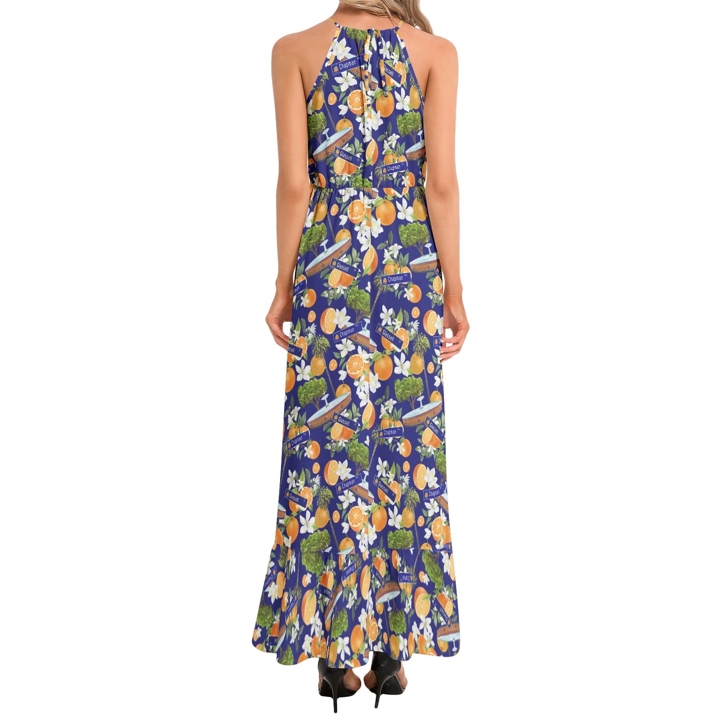 Old Towne Hawaiian Ruffle Hem Halter Neck Maxi Dress in Blue