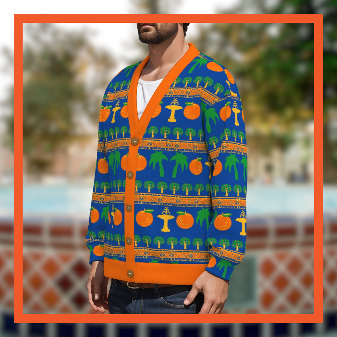 Old Towne Orange "Ugly Christmas Sweater" - Knitted Fleece Cardigan With Button Closure