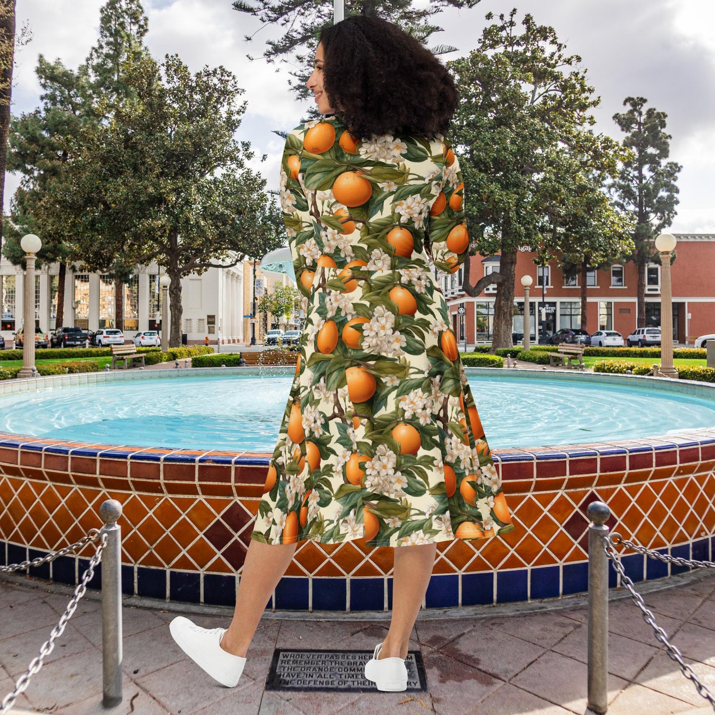 Botanical Oranges All-over print long sleeve midi dress