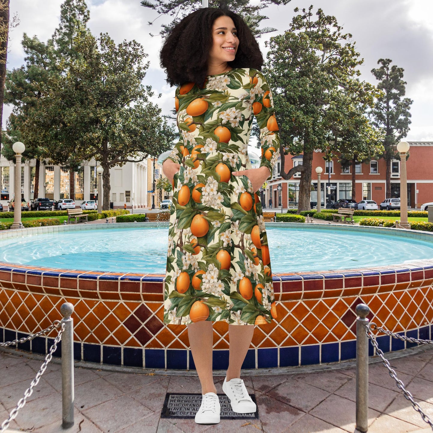 Botanical Oranges All-over print long sleeve midi dress