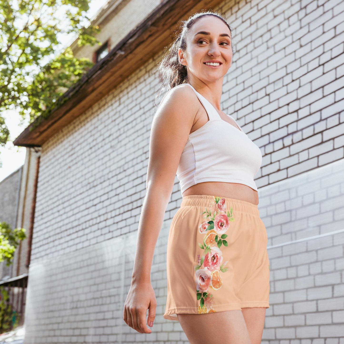 Orange Spring Floral Peach Women’s Recycled Athletic Shorts