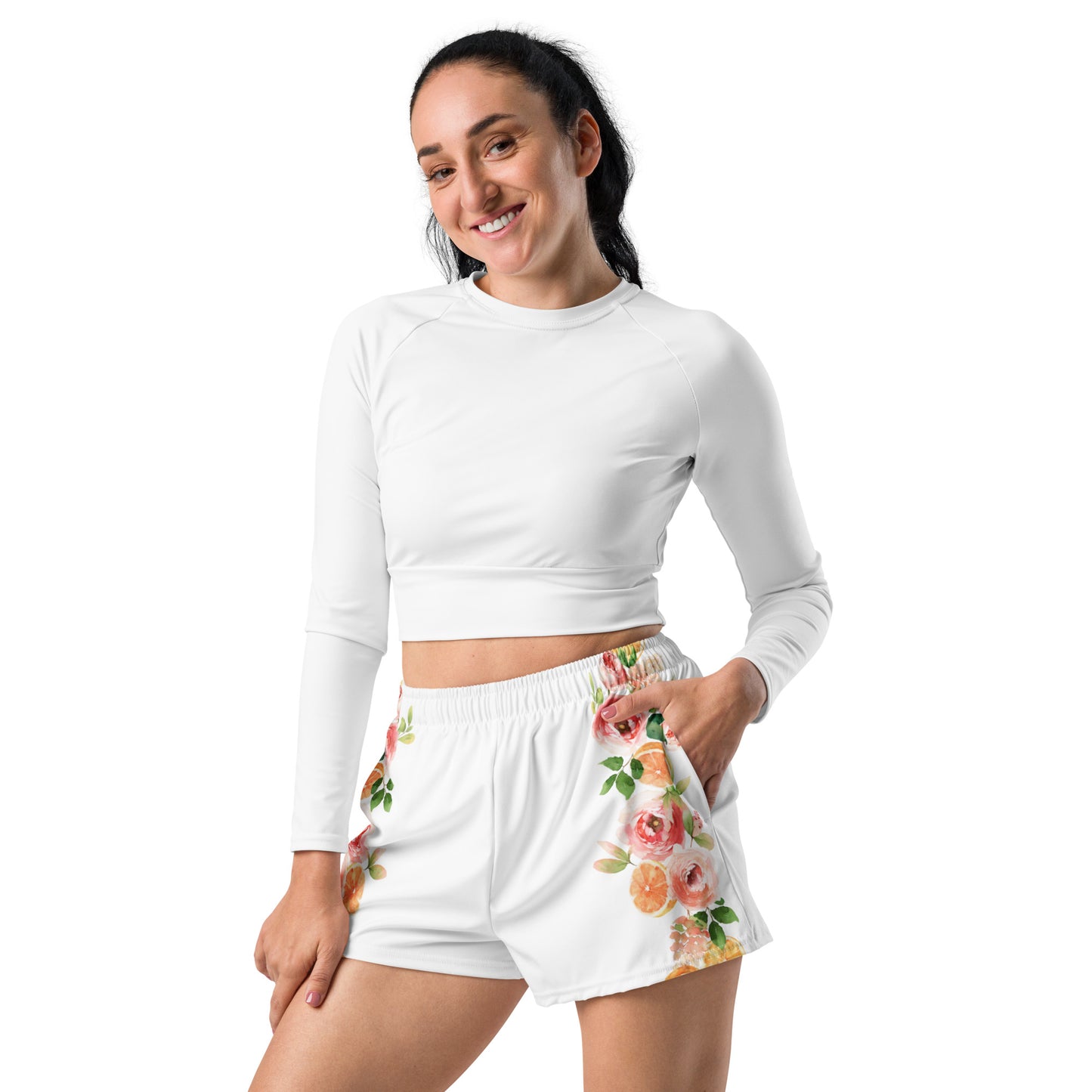 Orange Spring Floral White Women’s Recycled Athletic Shorts
