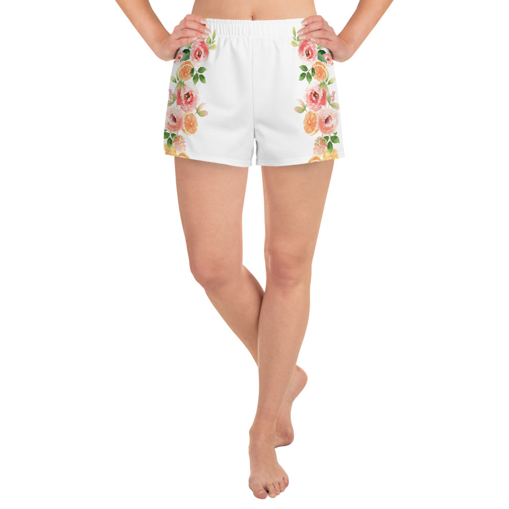 Orange Spring Floral White Women’s Recycled Athletic Shorts