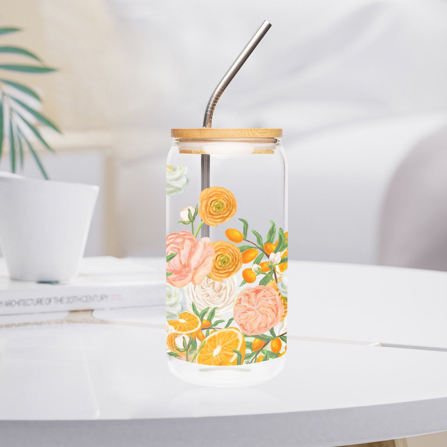 Citrus Blossom Drinking Glasses with Bamboo Lid