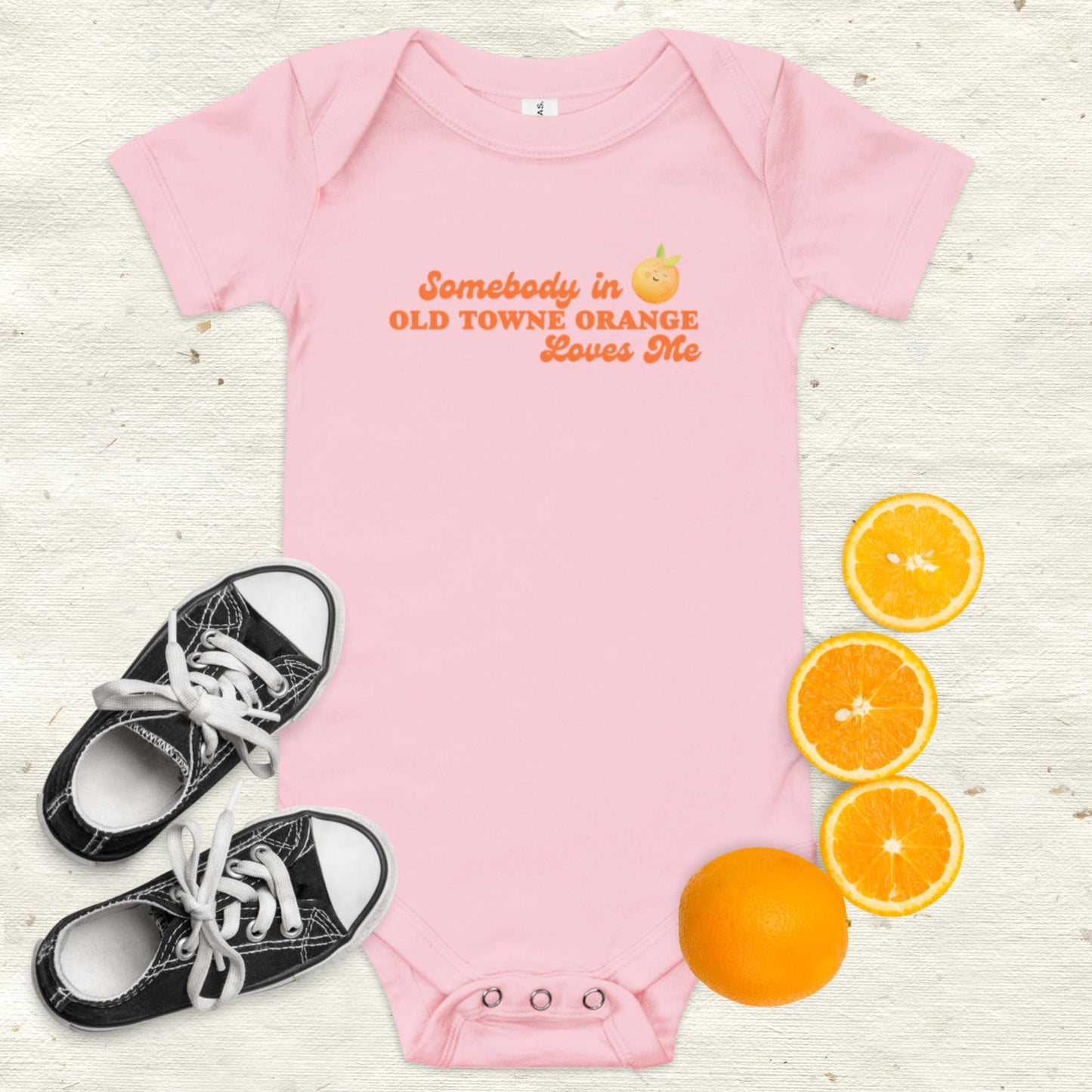Somebody in Old Towne Orange Loves me Baby short sleeve one piece