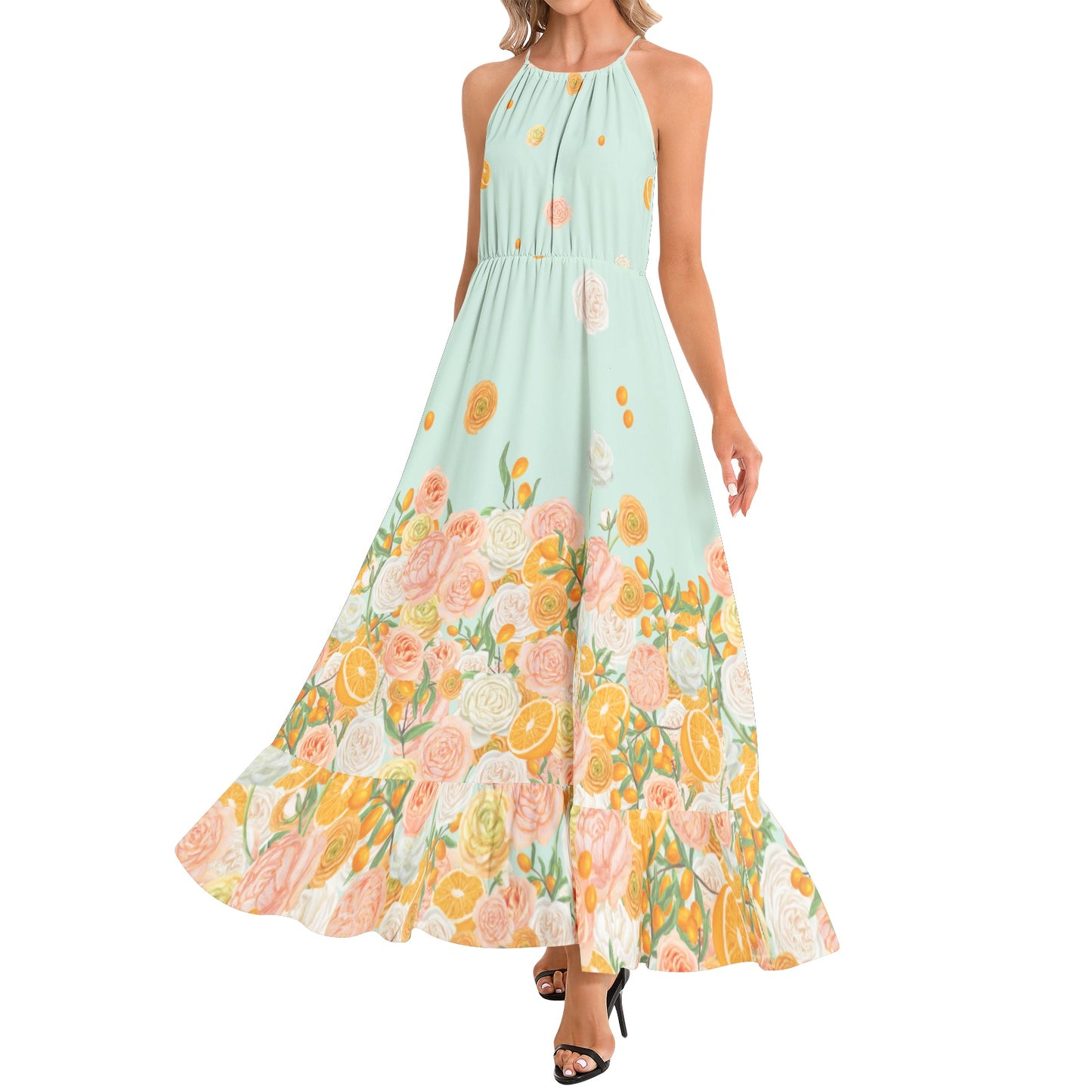 Citrus Blossom Ruffle Hem Halter Neck Maxi Dress