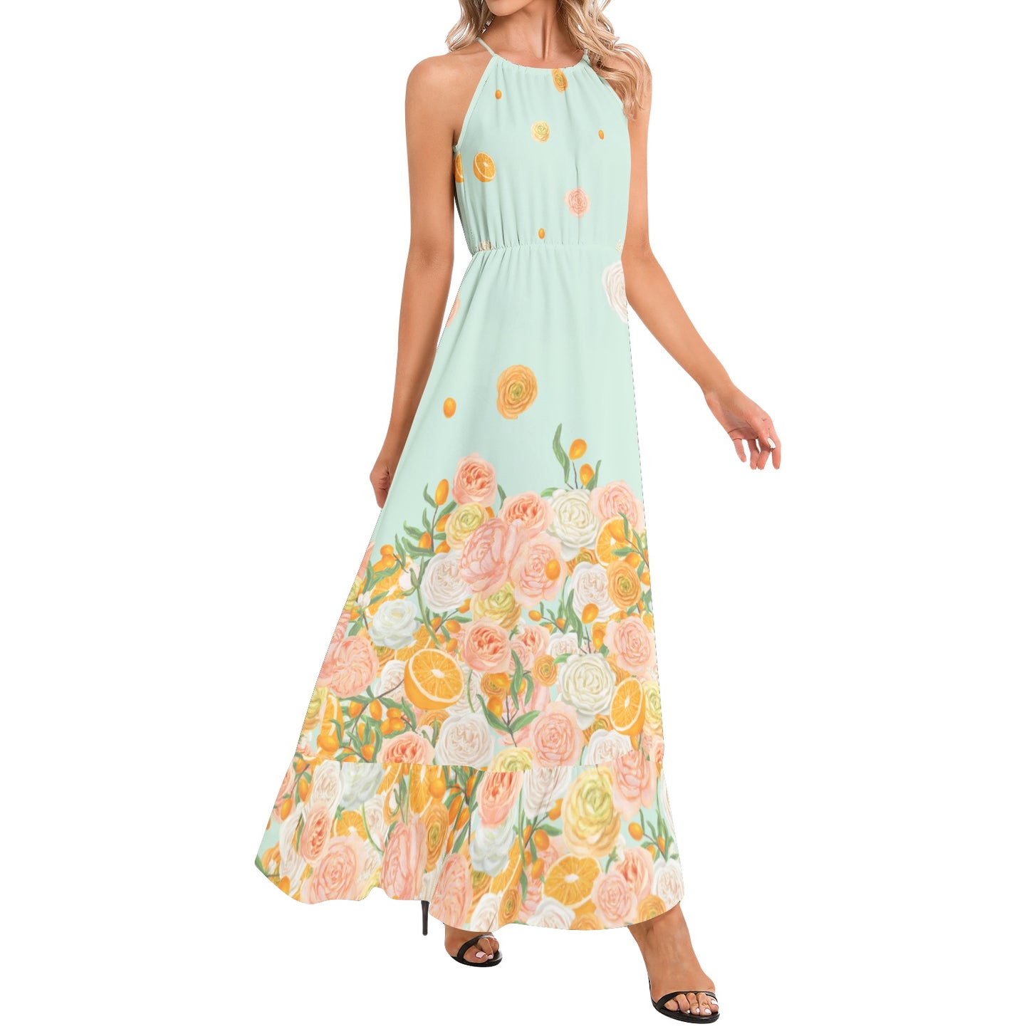 Citrus Blossom Ruffle Hem Halter Neck Maxi Dress