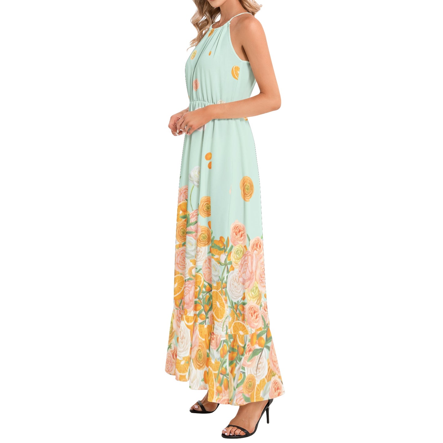 Citrus Blossom Ruffle Hem Halter Neck Maxi Dress