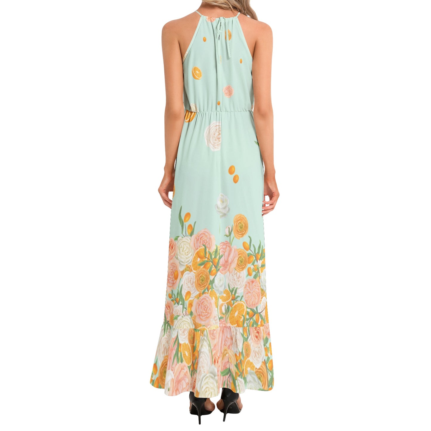 Citrus Blossom Ruffle Hem Halter Neck Maxi Dress