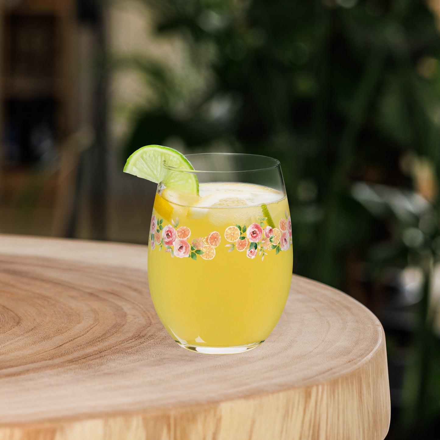 Orange Spring Floral Stemless wine glass