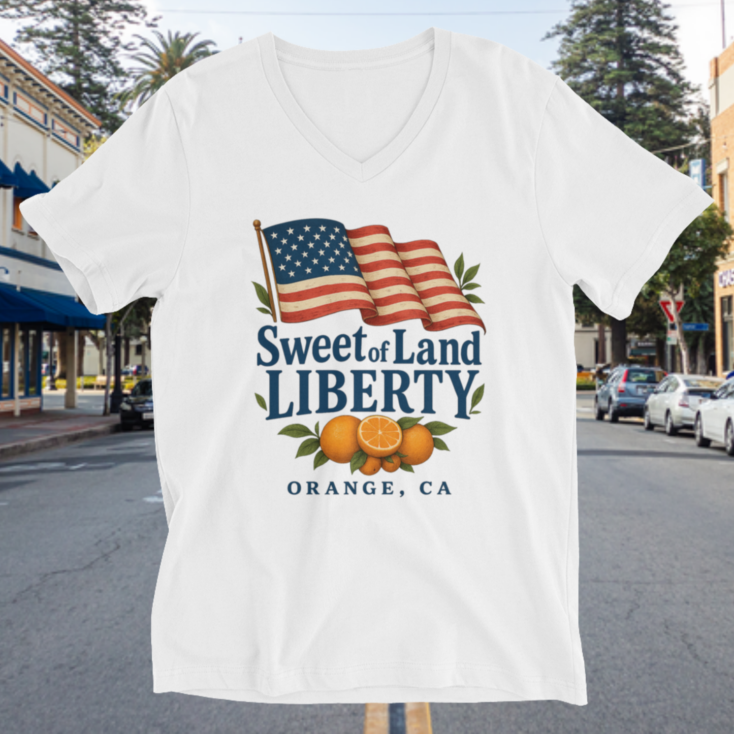 Sweet of Land of Liberty V-Neck Tee – Orange, CA Edition