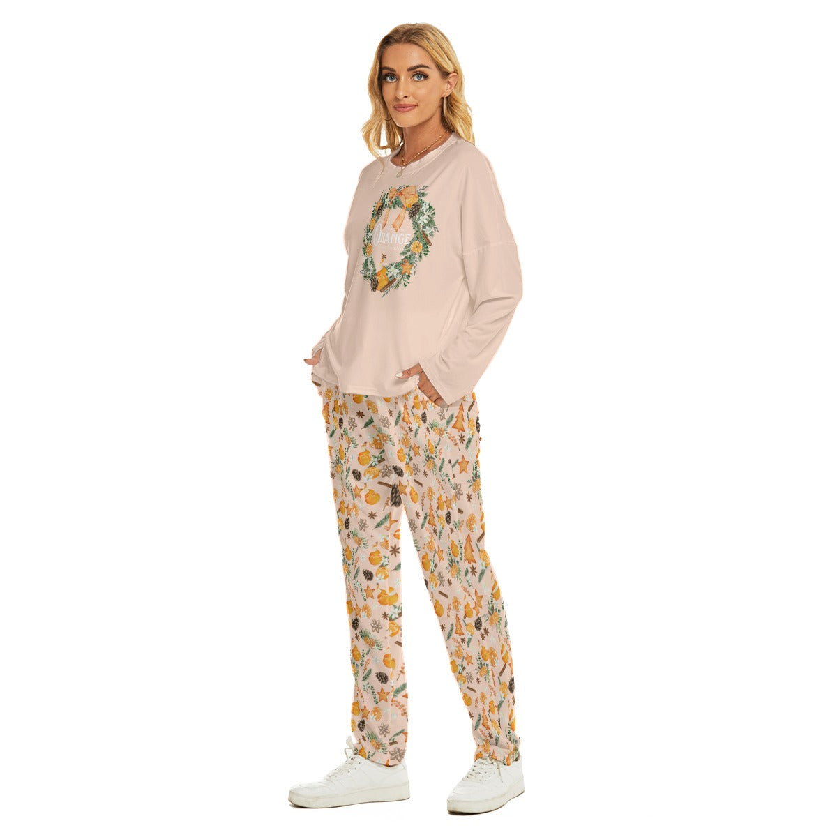 "Orange for the Holidays" - Women's Pajama Suit in Light Peach